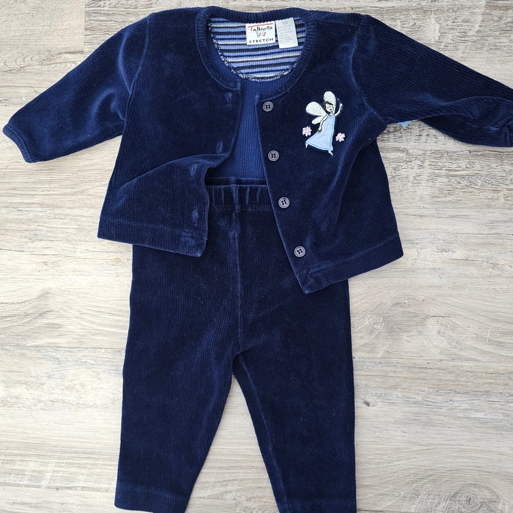 Talbots Kids Navy Blue Stretch Corduroy 2 Piece Set Floral Embroidered‎ 6M